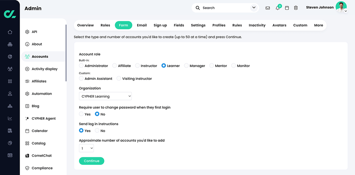 Admin, Accounts, Form tab