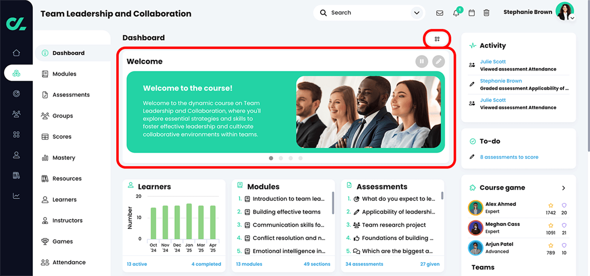 Kurs, Dashboard mit hervorgehobenem Bearbeiten-Widget-Button und Willkommens-Widget