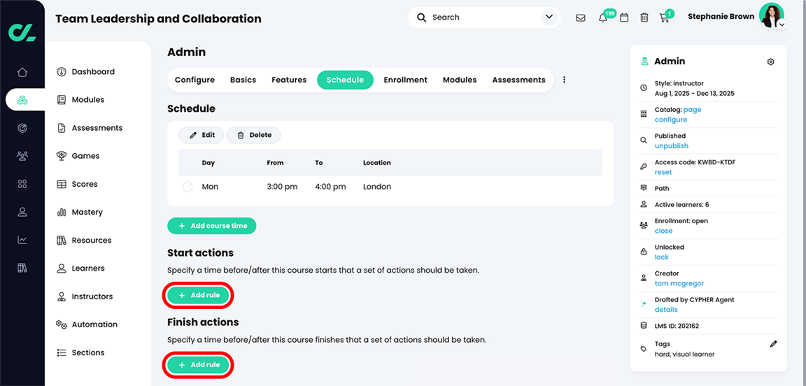 Course, Admin, Schedule tab with the Add rule buttons highlighted in the Start actions and Finish actions sections