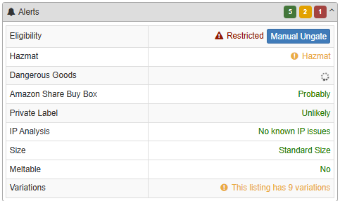 SellerAmp Alerts panel showing eligibility, hazmat and dangerous goods alerts after Seller Central sign-in