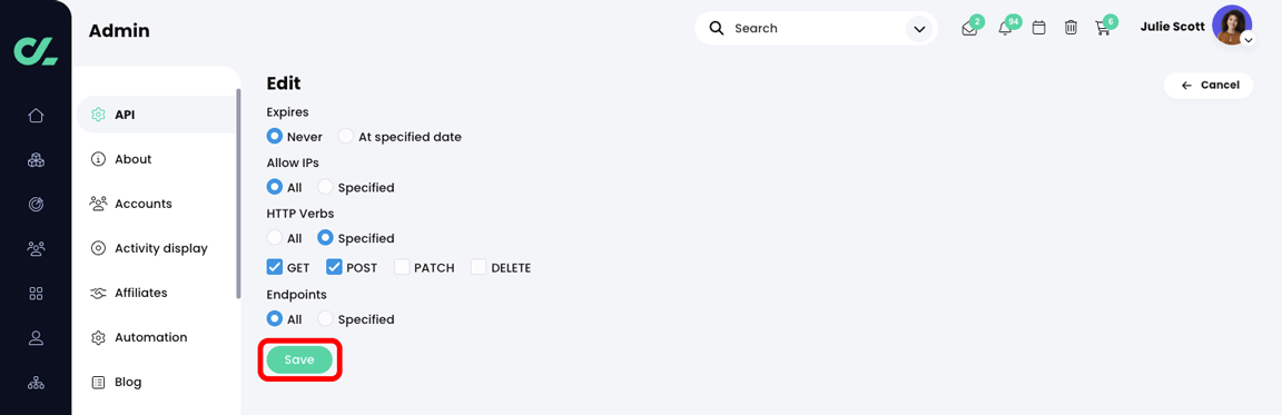 Admin, API key, Edit page with HTTP Verb restrictions added and the Save button highlighted