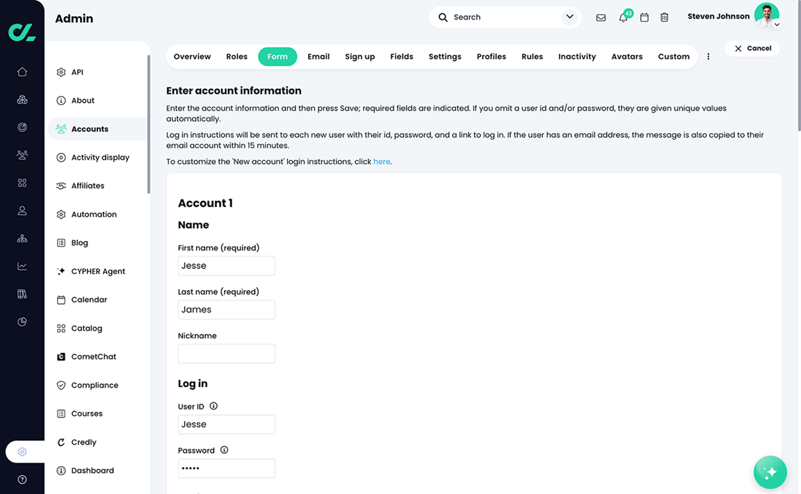 Admin, Accounts, Form tab, Account 1 fields with with example user details entered