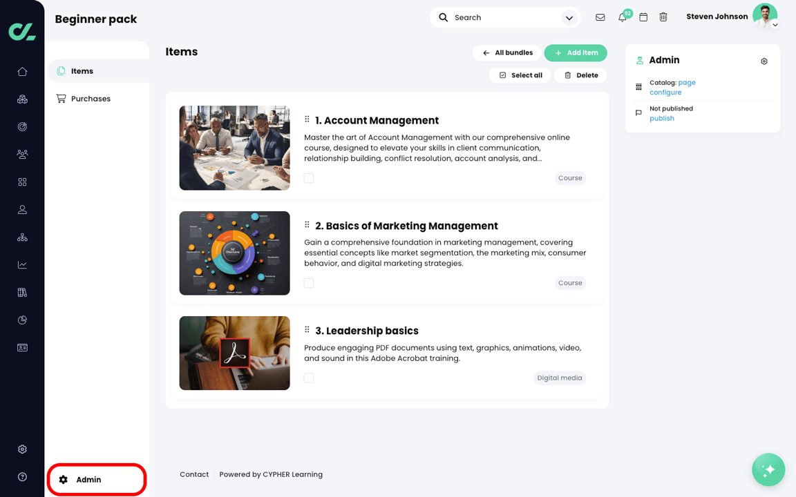 Admin, E-commerce, Bundles page with the Admin button highlighted