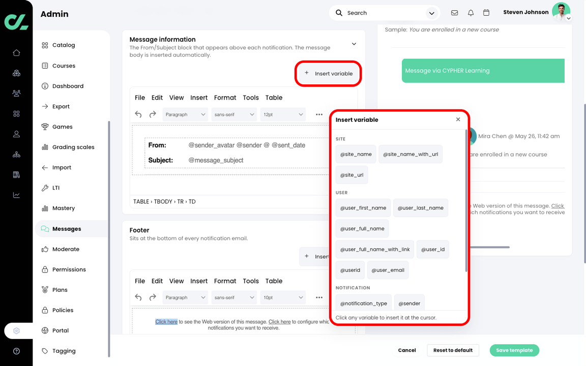 Admin, Messages, Template tab with the Insert variable button and menu highlighted