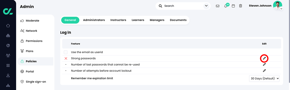 Admin, Policies, General tab with the Edit icon highlighted for the Strong passwords setting