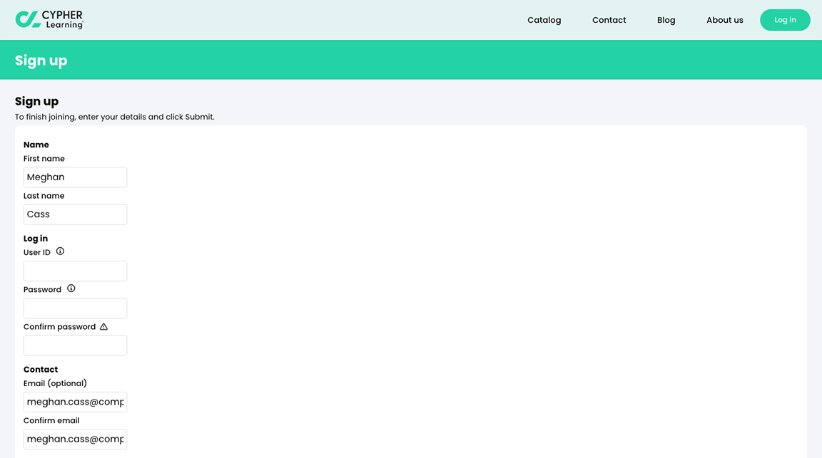 Visitor portal, Sign up page