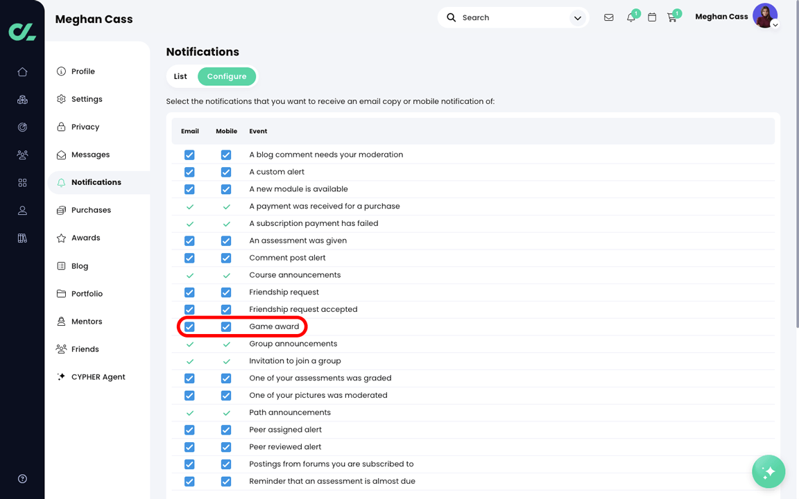 Profile, Notifications, Configure tab showing the Game award option highlighted
