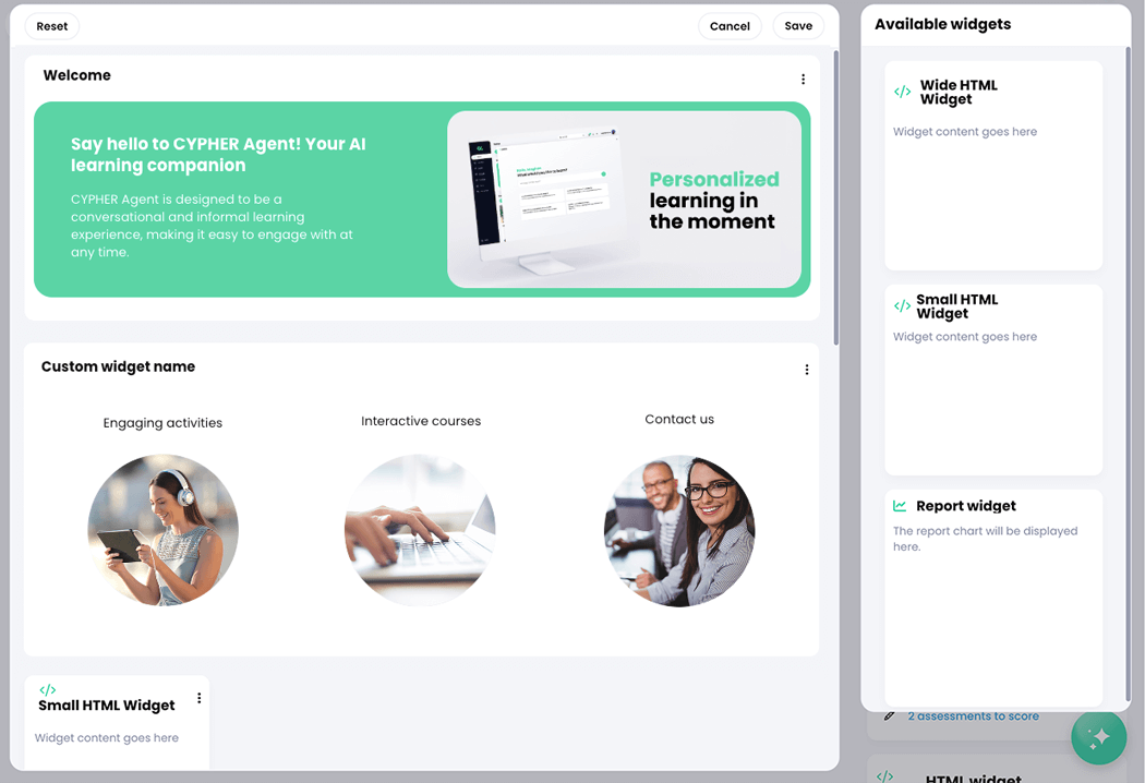 Center panel in edit mode with a custom designed Wide HTML Widget