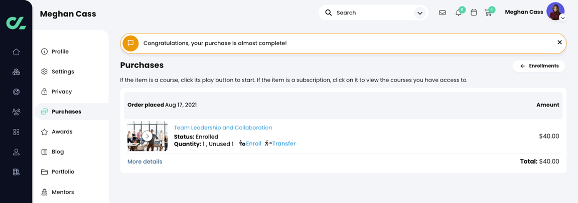 User profile, Purchases page