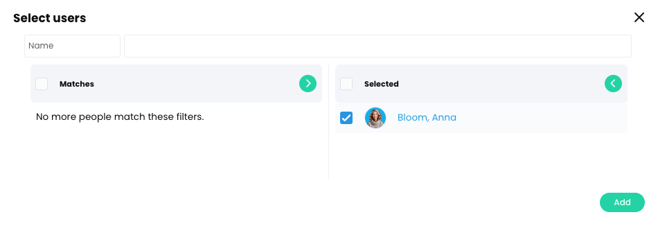 Select users pop-up with a user added to the Selected column