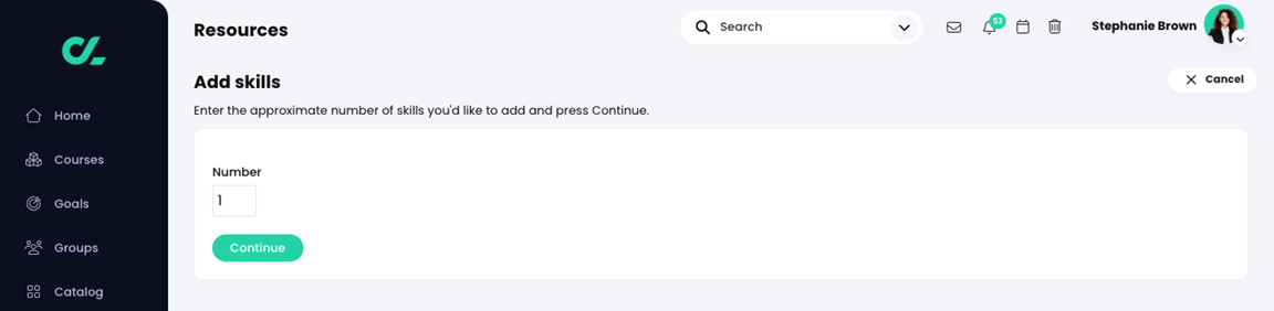 Resources, Add skills page with an entry of 1 skill to add