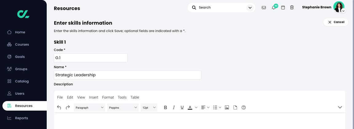 Resources, Enter skills information page