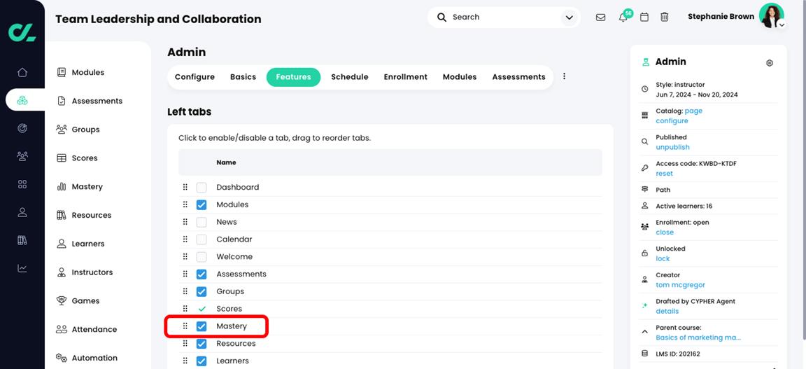 Course, Admin, Features tab with the Mastery checkbox selected and highlighted