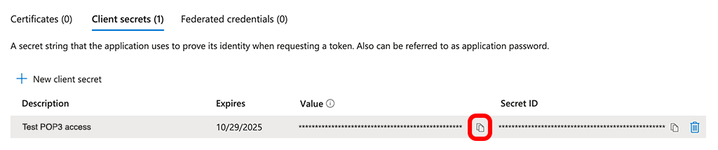 Microsoft Entra ID, App registrations, Application Certificates & secrets page with the Copy button highlighted next to the Value code in the Client secrets tab