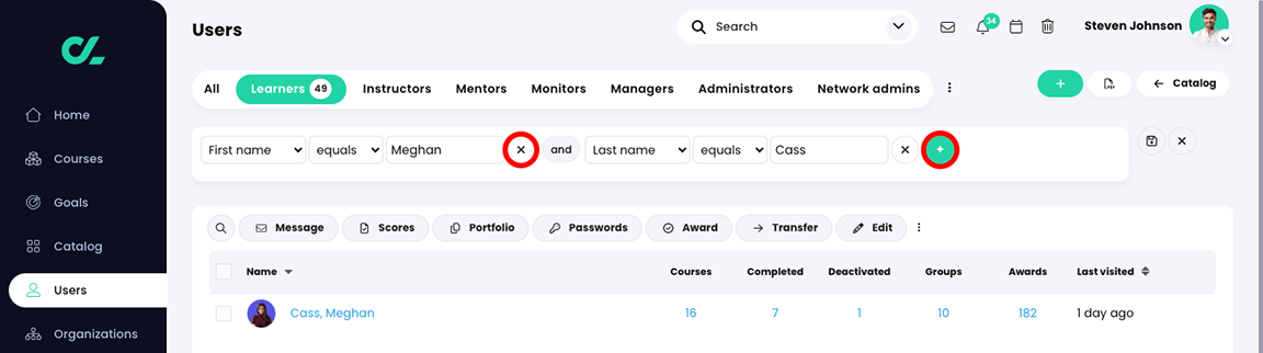 Users, Learners tab with two filters and the Remove filter icon and Add filter icon highlighted