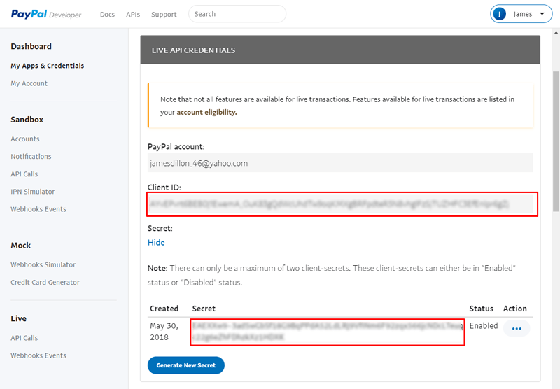 PayPal Developer, new App page with the Client ID field and Secret field highlighted