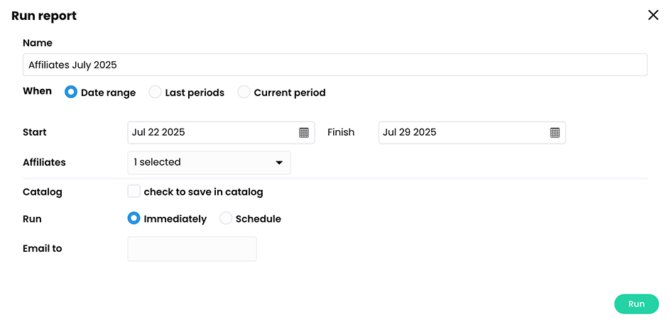 Run report pop-up for an affiliate report