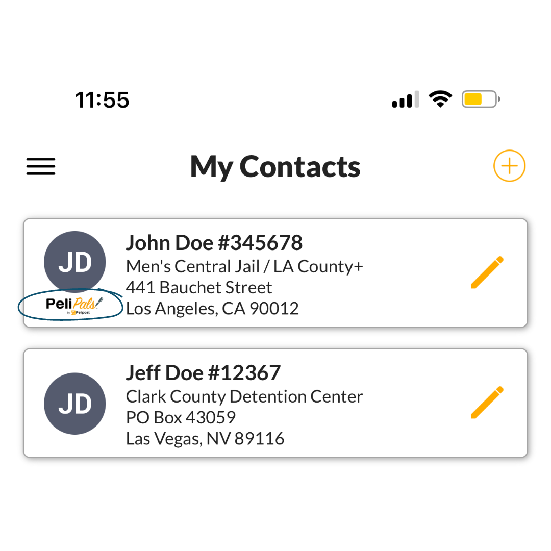 'My Contacts' screen in the Pelipost app.