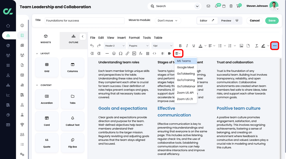 Course, module, section with the More icon highlighted and the Web conferencing icon highlighted and active in the HTML editor