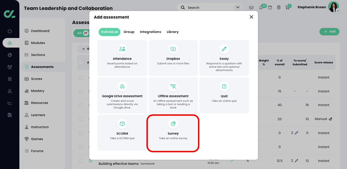 Course, Assessments, Add assessment pop-up with Survey highlighted