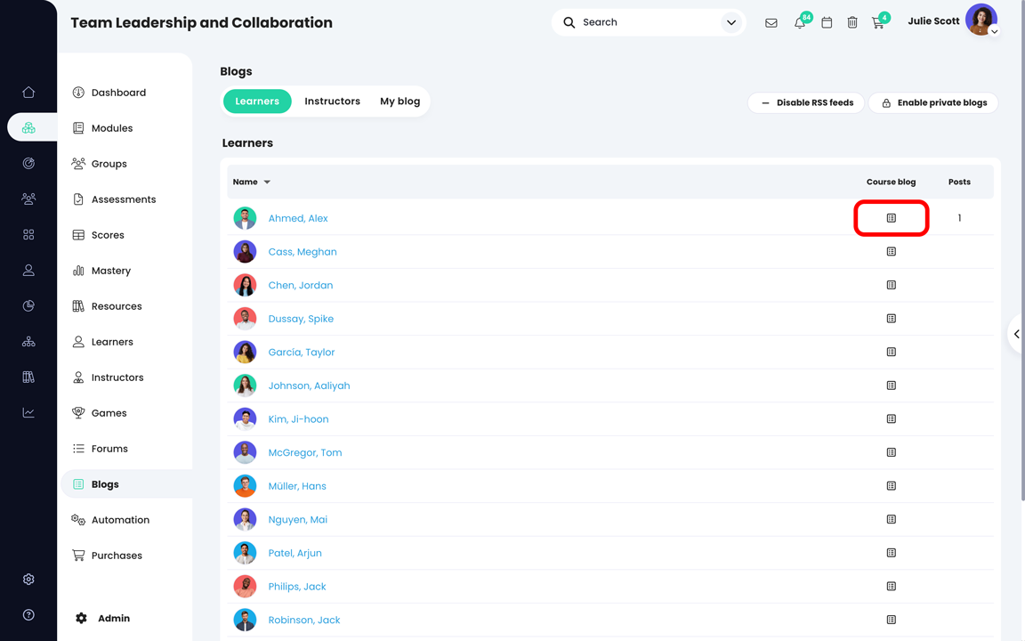 Course, Blogs, Learners page highlighting the course blog icon next to a learner