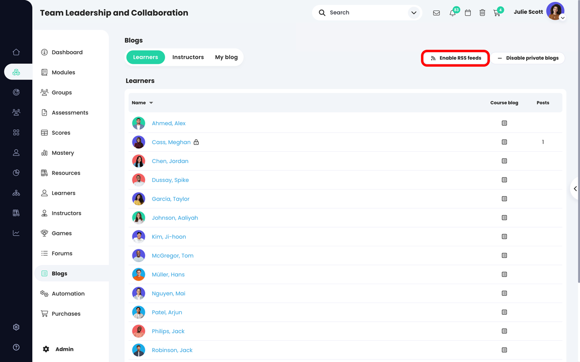 Course, Blogs, Learners page highlighting the Enable RSS feeds button
