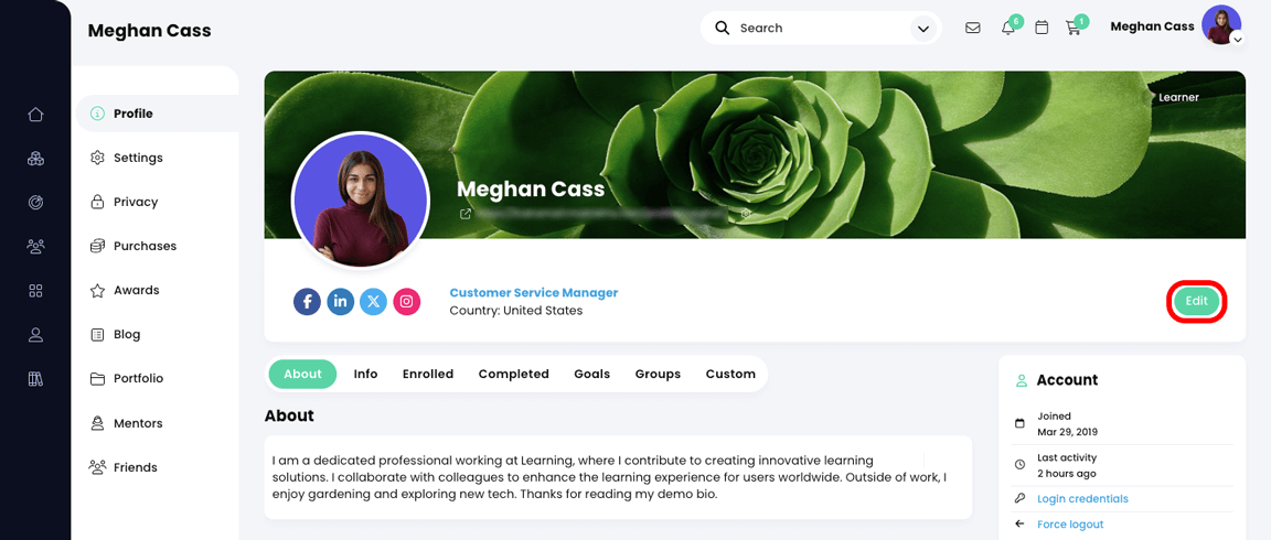 User profile page with the Edit profile button highlighted