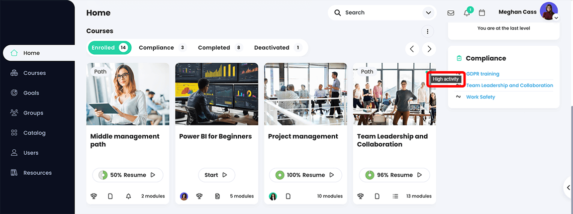 Learner view, Dashboard page with High activity title on an course tile highlighted