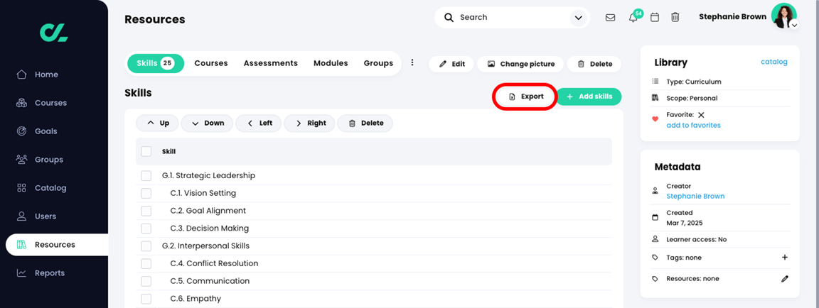 Resources, Skill set page, Skills tab with the Export button highlighted