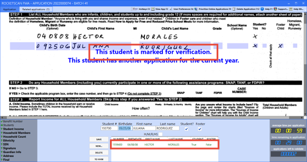 RocketSCAN Validation interface with red highlights around the Verifincation notification text and the corresponding student information in the data entry screen displayed in green text.