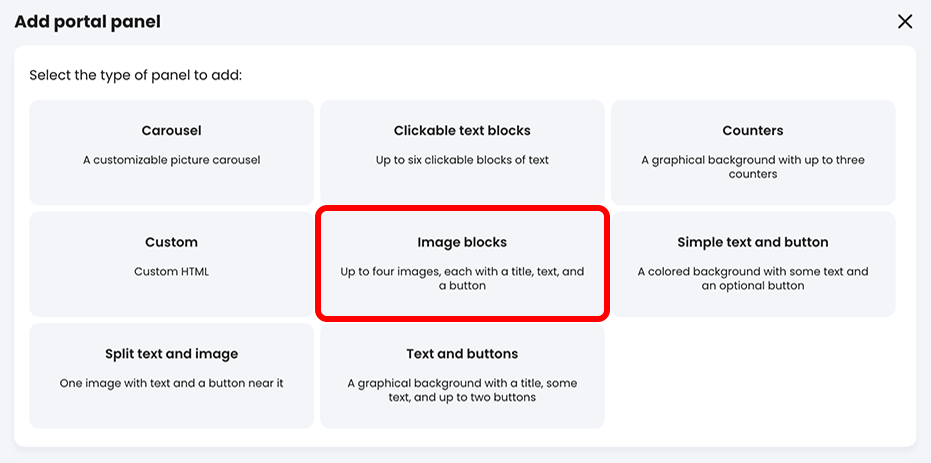 Add portal panel pop-up with the Image blocks button highlighted