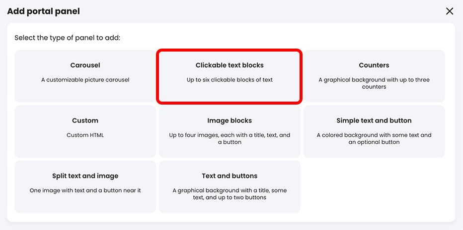 Add portal panel pop-up with the Clickable text blocks button highlighted
