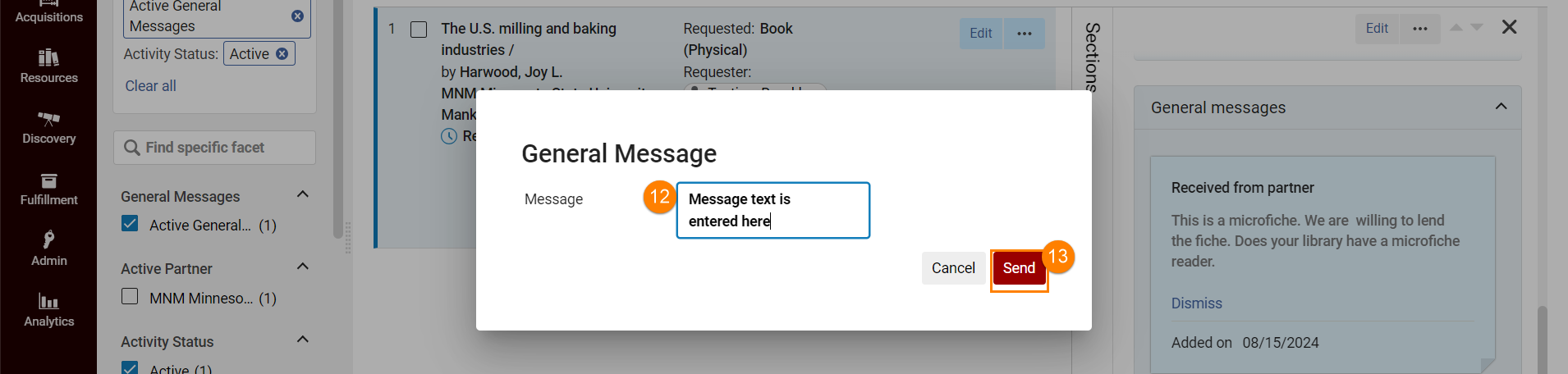 Enter text of message and send to other library