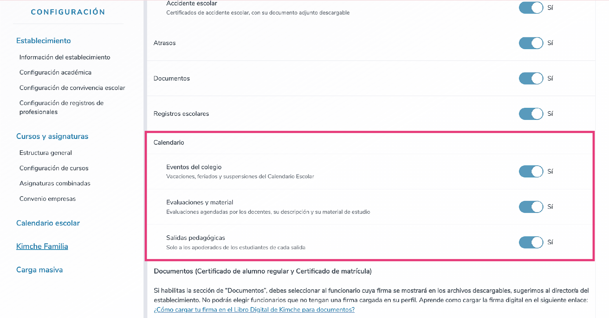 Nueva sección Calendario con sus tres controles independientes.