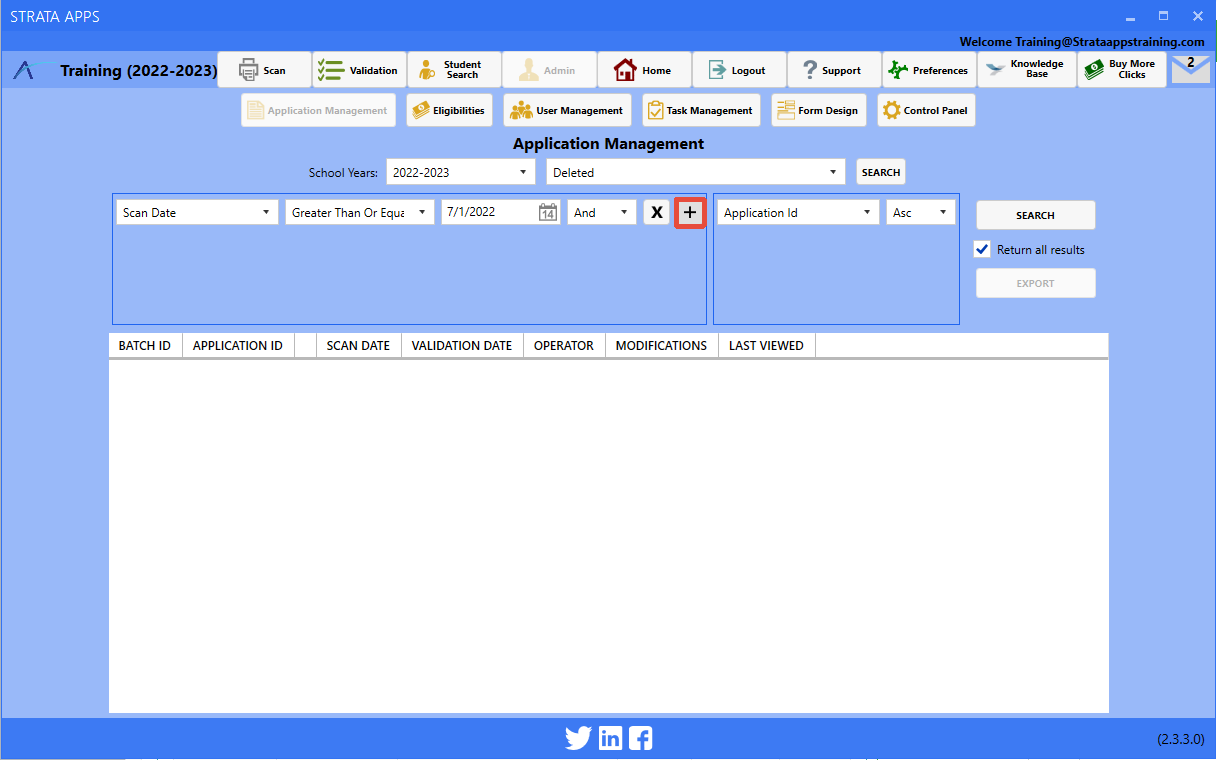 Strata Apps Application Management interface showing the location of the button to add an additional search attribute.