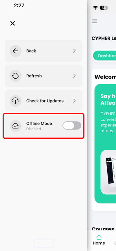 CYPHER Learning app, left drawer menu open with Offline mode disabled and highlighted