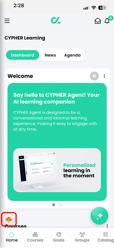 CYPHER Learning app, home dashboard with the orange cache cloud icon highlighted
