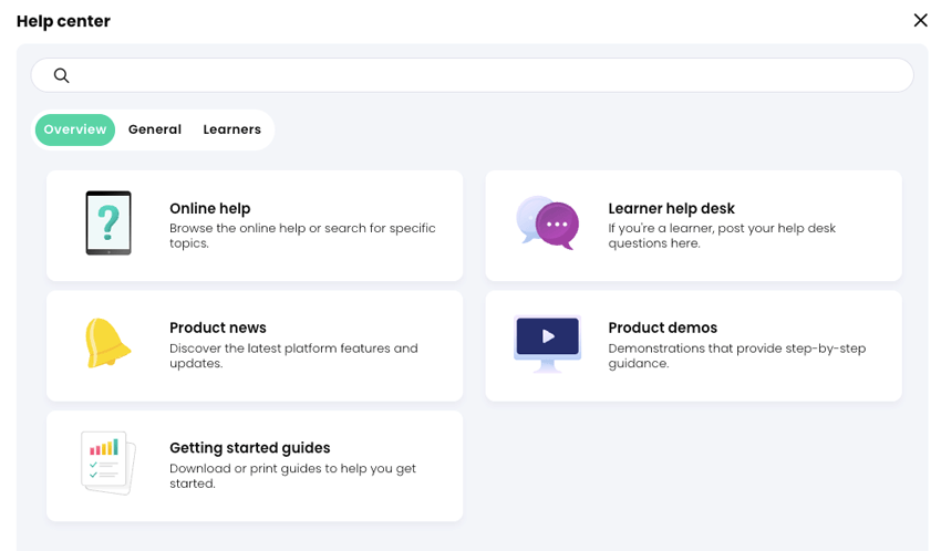 Help center pop-up, Overview tab