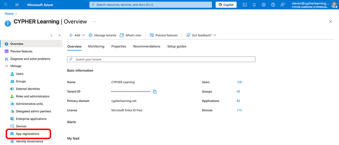 Microsoft Entra ID Overview page with App registrations highlighted in the left menu