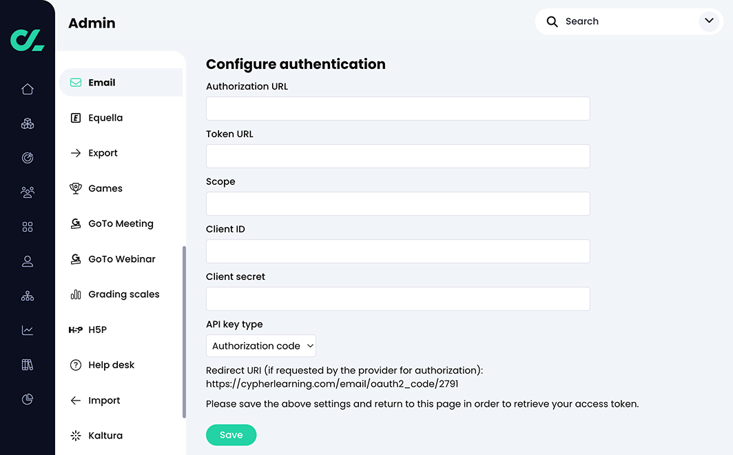 Admin, Email, Configure authentication page
