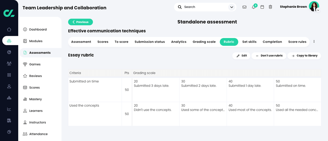 Course, Assessments, Essay assessment, Rubric tab