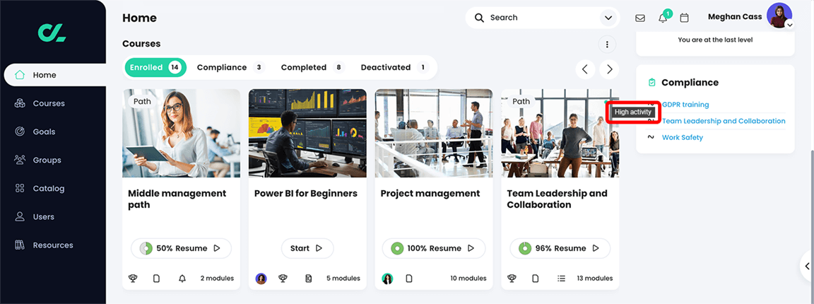 Learner view, Dashboard page with High activity title on an course tile highlighted
