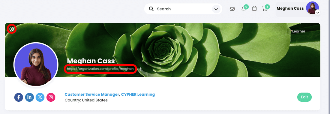 User profile header showing the public profile URL and edit header cog highlighted
