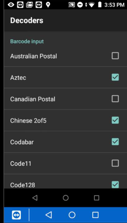 Symbology decoder checkboxes