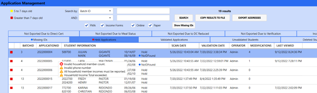 RocketSCAN Application Management screen with Held Applications list displayed. An application is highlighted and the tooltip shows the summary of reasons why the application is in Hold.