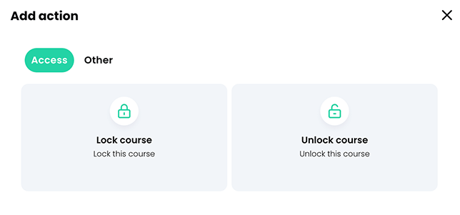 Add action pop-up for a start action or finish action, Access tab