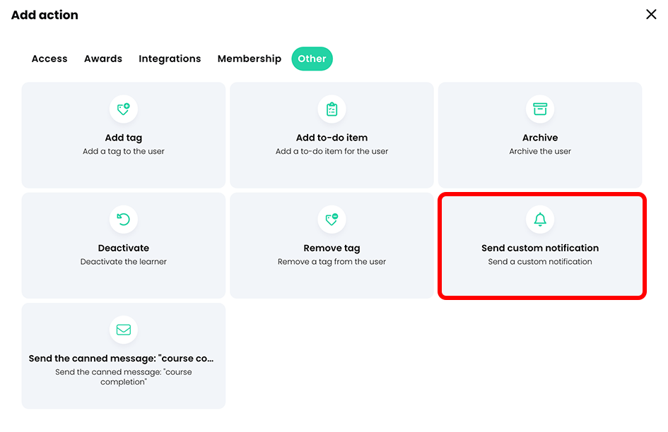 Add action pop-up, Other tab with the Send custom notification button highlighted
