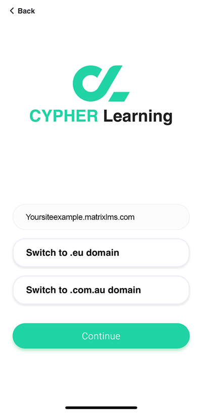 CYPHER Learning app , with a sample URL entered in the default US domain
