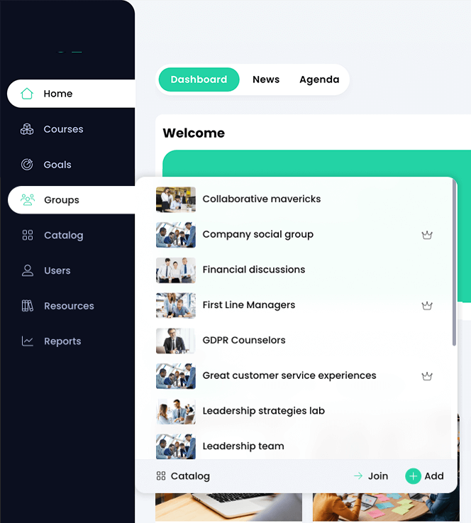 Left bar navigation showing the open Groups fly-out