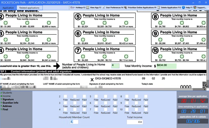 RocketSCAN Validation module showing the Simplified Income task